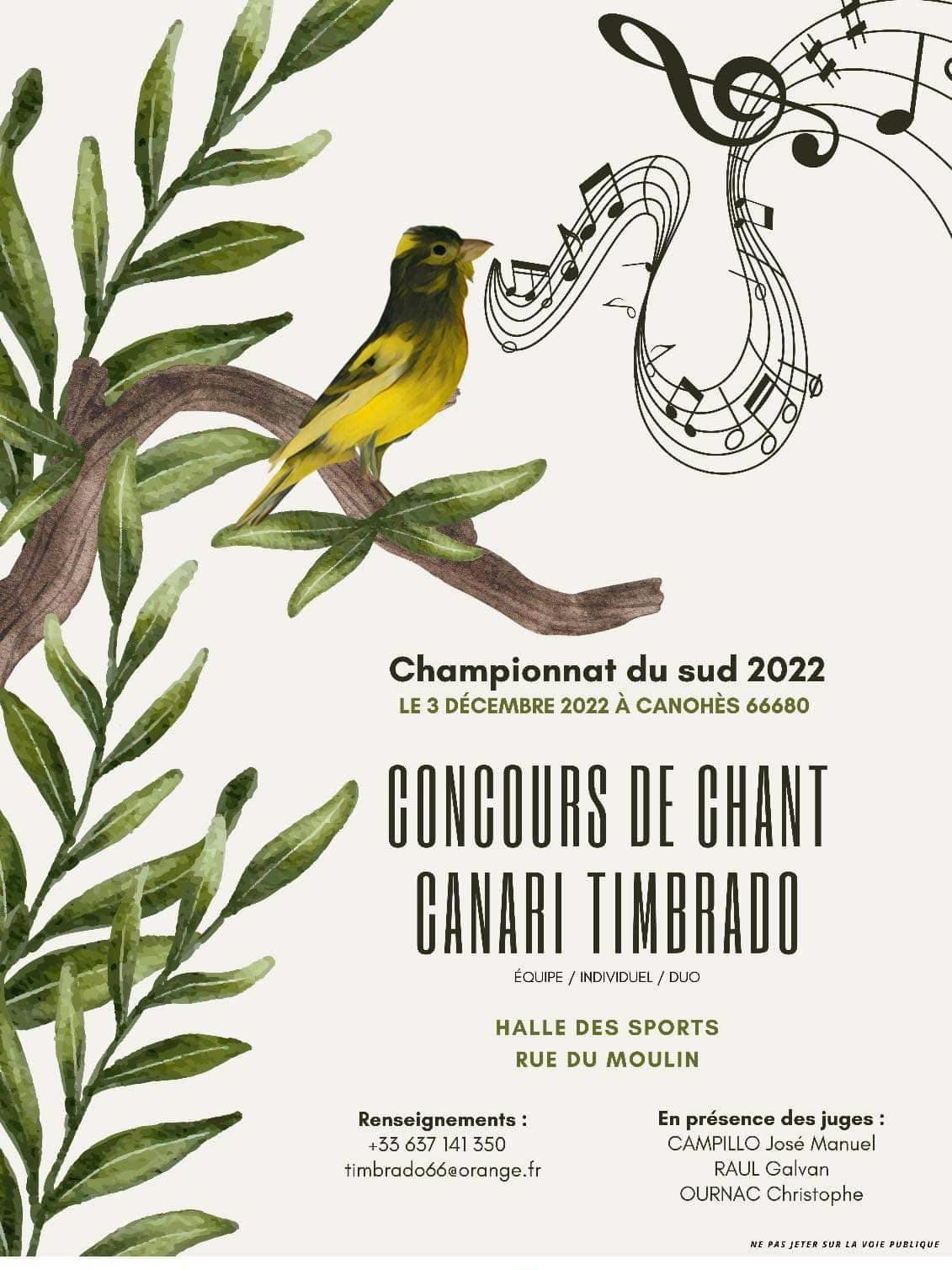 CHAMPIONNAT DU SUD 2022 CONCOURS DE CHANT CANARI TIMBRADO