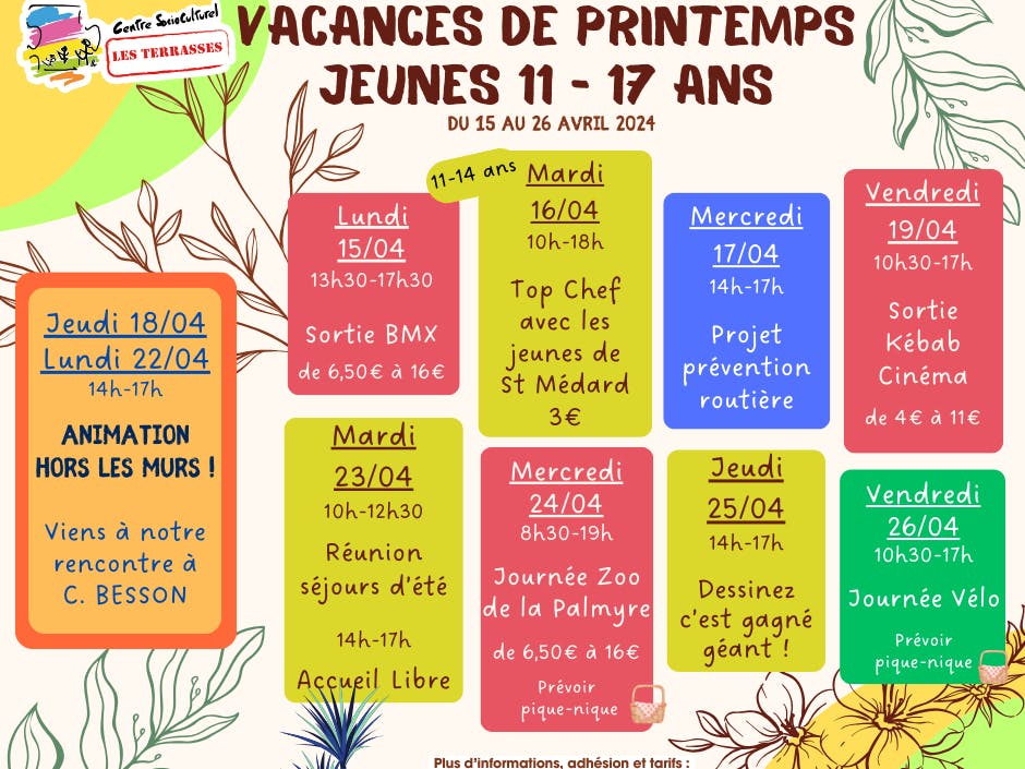 VACANCES DE PRINTEMPS 2024 - JEUNES 11/17 ANS