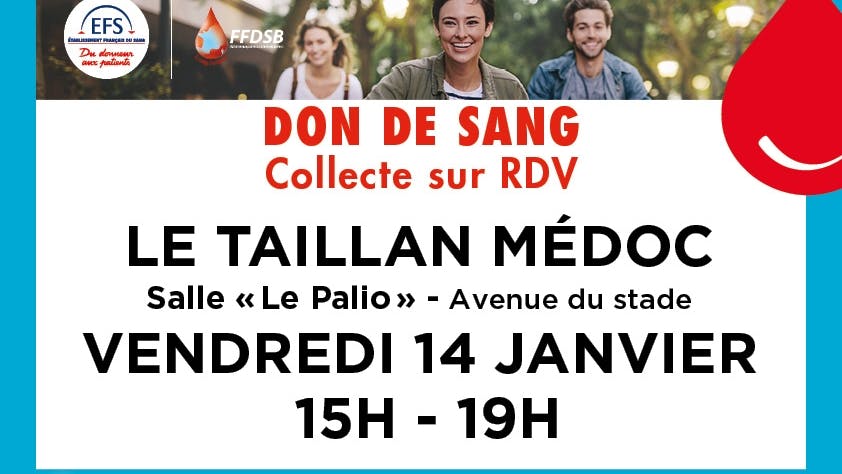 Collecte de sang le vendredi 14 janvier 2022 de 15h à 19h salle LE PALIO